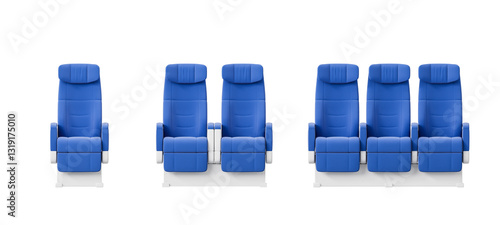 Blue airplane seats in different configurations isolated on white background. Comfortable travel seating concept for aviation and transportation design. 3D Rendering. photo