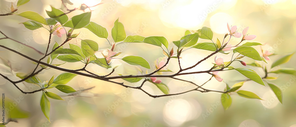Macro shot with sunlit spring branches with delicate pink blossoms and fresh green leaves. Warm nature light filters through tree branches.Generative ai Macro shot with sunlit spring branches with delicate pink blossoms and fresh green leaves. Warm nature light filters through tree branches.Generative ai