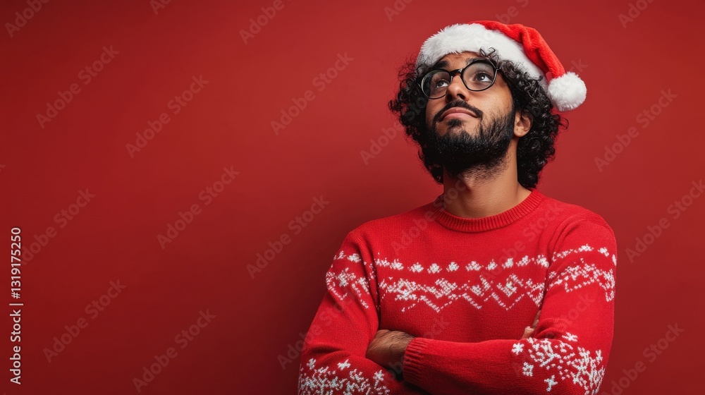 Man in Red Sweater Wearing Santa Hat Looks Upward Man in Red Sweater Wearing Santa Hat Looks Upward