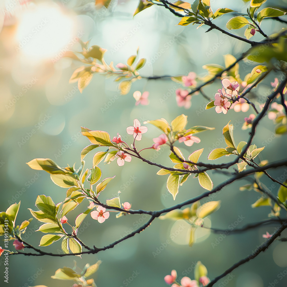 Macro shot with sunlit spring branches with delicate pink blossoms and fresh green leaves. Warm nature light filters through tree branches.Generative ai Macro shot with sunlit spring branches with delicate pink blossoms and fresh green leaves. Warm nature light filters through tree branches.Generative ai