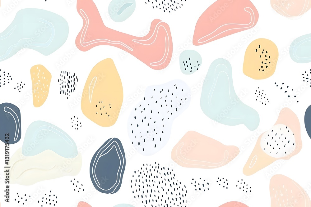 Fototapeta premium Abstract organic shapes in soft pastel tones, overlapping in a minimalist pattern, seamless on a white background