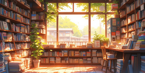 anime wallpaper illustration background, Cozy Sunlit Bookstore with Stacked Books and Large Windows..