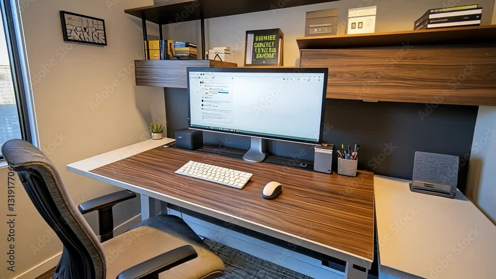 Modern home office workspace featuring organized wooden desk, ergonomic chair, and computer monitor, complemented by stationery and plant for productive environment. Modern home office workspace featuring organized wooden desk, ergonomic chair, and computer monitor, complemented by stationery and plant for productive environment.