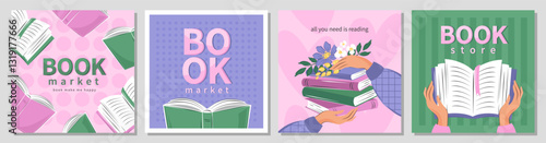 Set of poster for bookstore, library, sale in bookshop, market. People read books. Vector illustration for banner, cover, marketing.