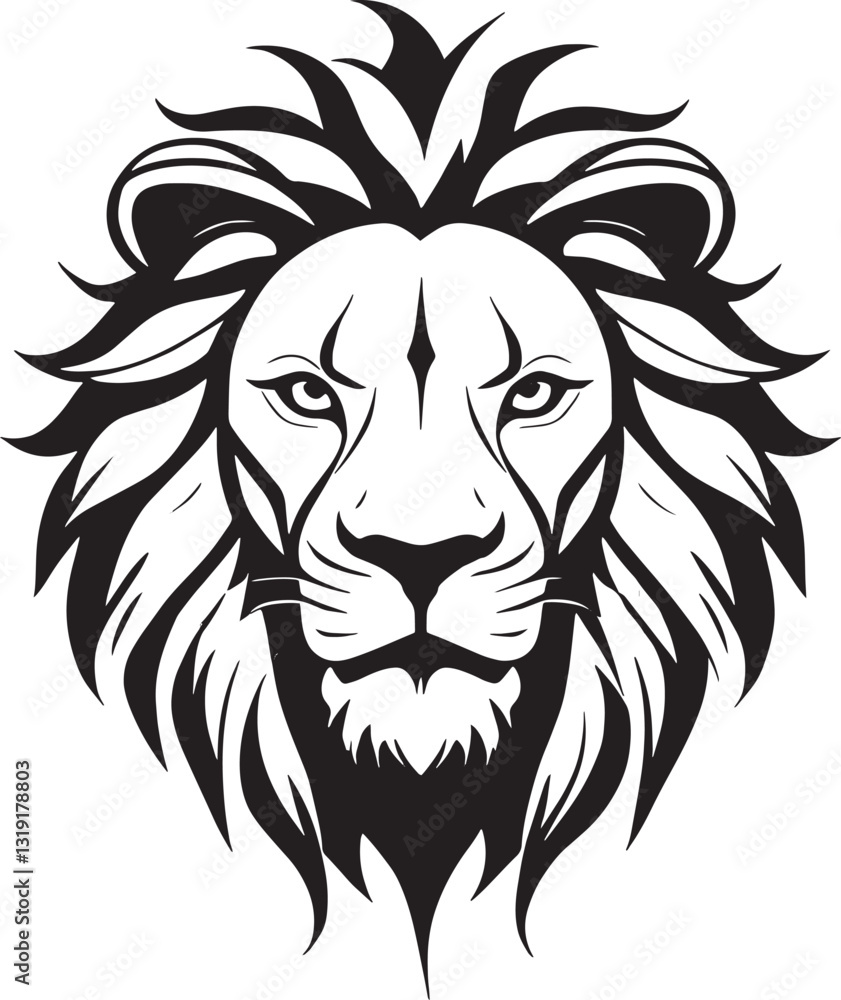 Fototapeta premium Regal Lion Head Silhouette with Flowing Mane - Black and White Vector Art