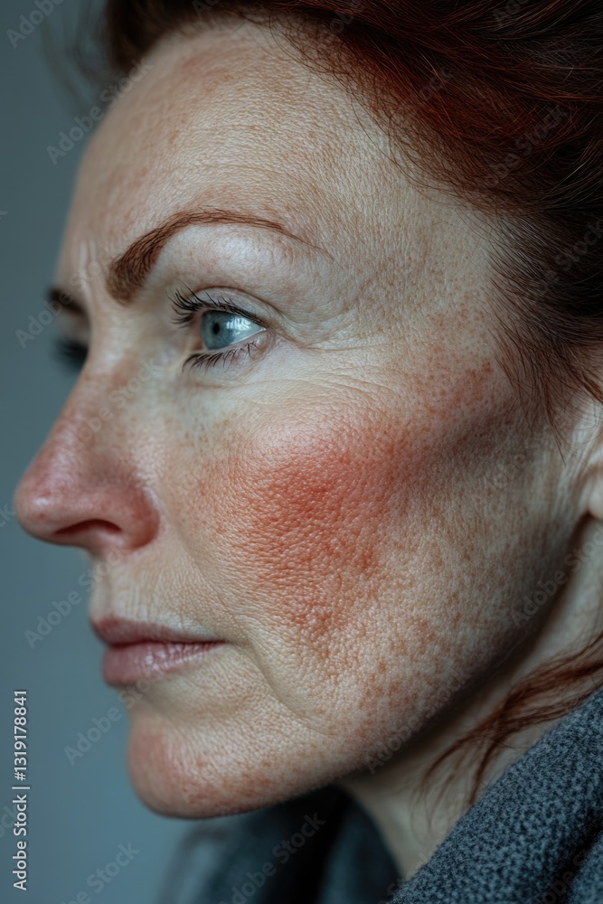 Fototapeta premium Portrait of a woman with sun spots on her face, highlighting a common skin condition that can be addressed through skincare and dermatology solutions.