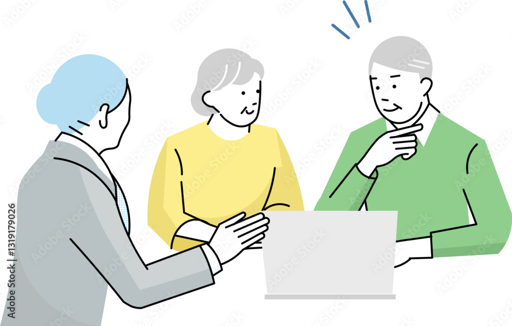 Vector illustration of a senior couple consulting with a female advisor - business scene vector相談するシニア夫婦とアドバイザー Vector illustration of a senior couple consulting with a female advisor - business scene vector相談するシニア夫婦とアドバイザー