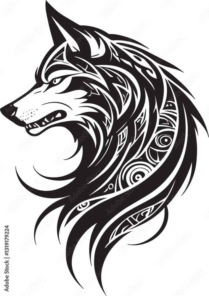 Fototapeta premium Intricate Stylized Wolf Head Vector Illustration with Detailed Line Work