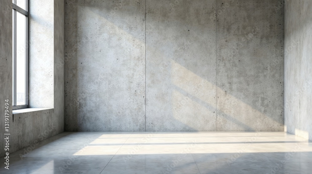 Empty room with sunlight streaming through a window illuminating a polished concrete floor and wall Empty room with sunlight streaming through a window illuminating a polished concrete floor and wall