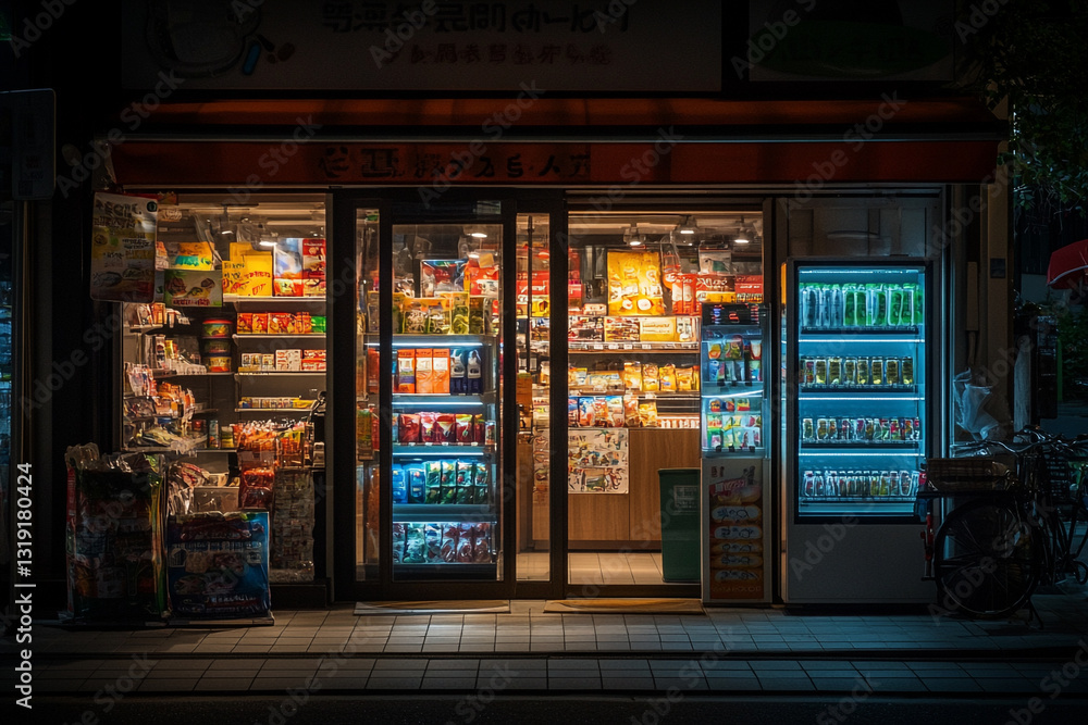 Nighttime view of a well lit convenience store in japan with various products food shop asian urban Nighttime view of a well lit convenience store in japan with various products food shop asian urban