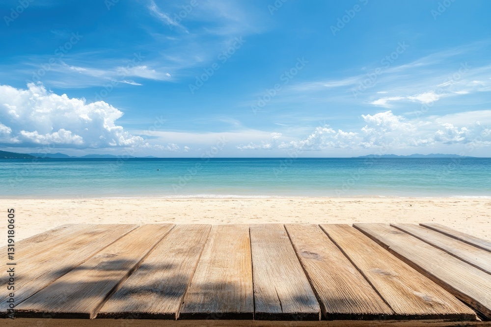Premium Quality Image of Empty Wood Table Top with Beach and Blue Sky Background Premium Quality Image of Empty Wood Table Top with Beach and Blue Sky Background
