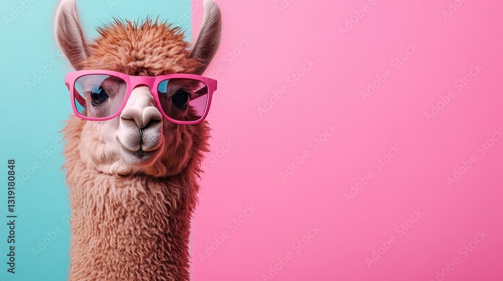 Fototapeta premium Displaying a charming personality, this alpaca wearing pink glasses combines trendy style and vivacious expression, making it an endearing subject for animal lovers and fashion aficionados.