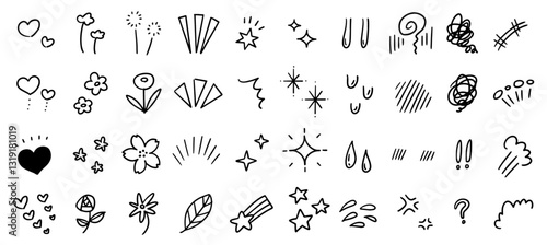 感情を表すエフェクトアイコン。キラキラと輝く星や花の手書きイラスト。