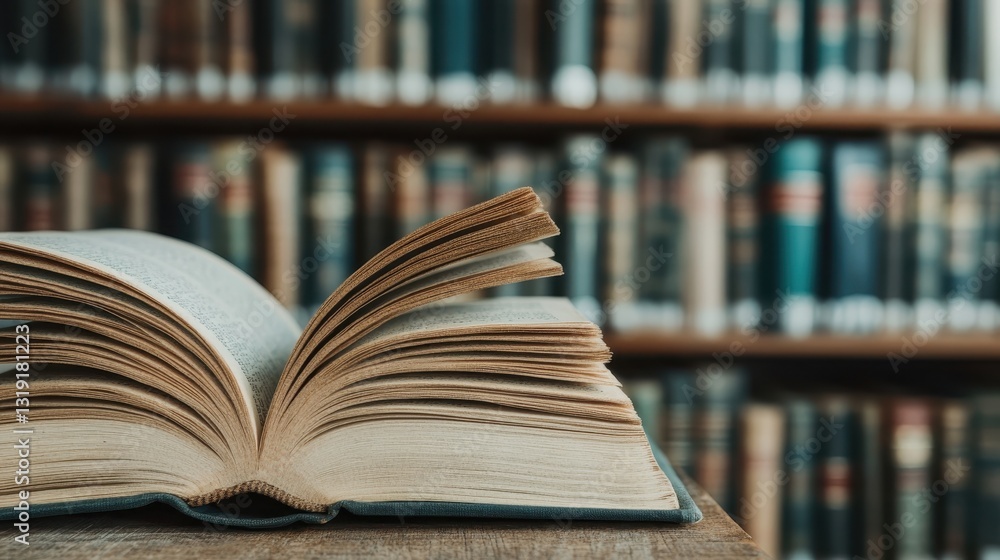 An open book rests on a table in a serene library setting, embodying the essence of knowledge, study, and the beauty of literature all around. An open book rests on a table in a serene library setting, embodying the essence of knowledge, study, and the beauty of literature all around.