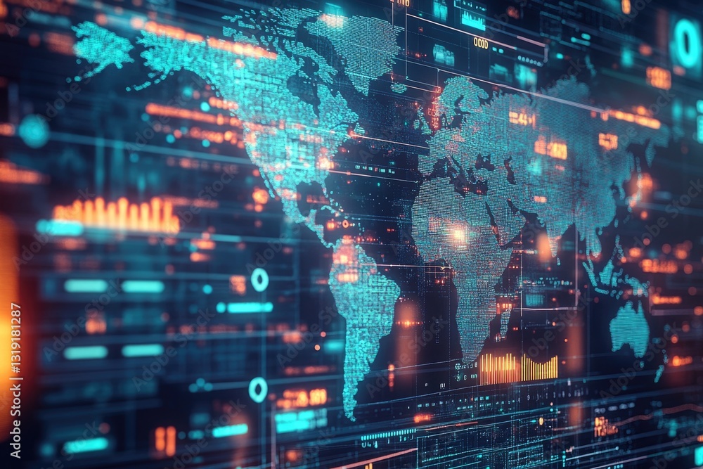 Fototapeta premium Global technology concept with digital world map on screen. AI, big data, internet communication, cybersecurity theme.