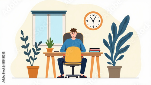 Overwhelmed Frustrated Businessman Working on Laptop at Office Desk, Stress Anxiety, Deadline Pressure, Workplace Fatigue, Modern Corporate Lifestyle Illustration