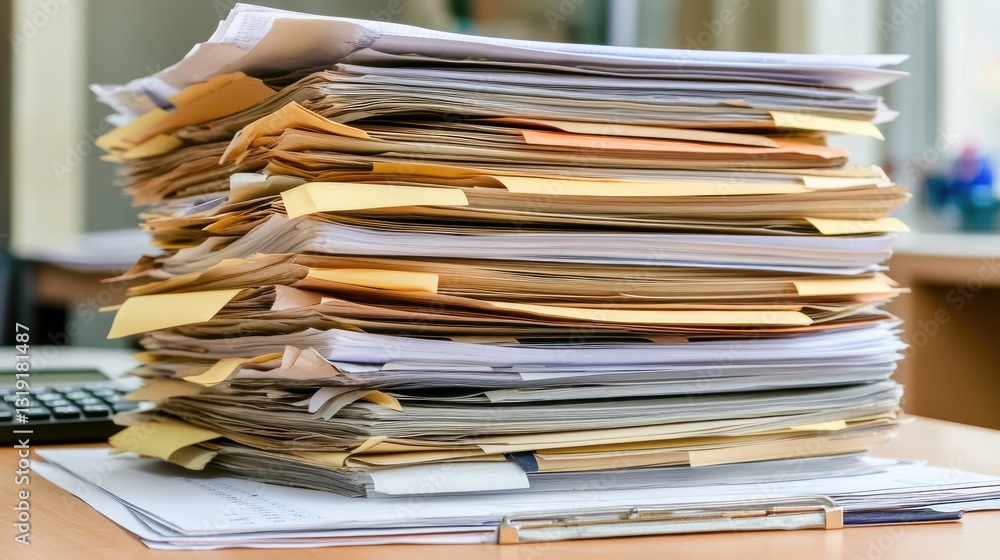 A Massive Stack of Documents and Papers on a Desk A Massive Stack of Documents and Papers on a Desk