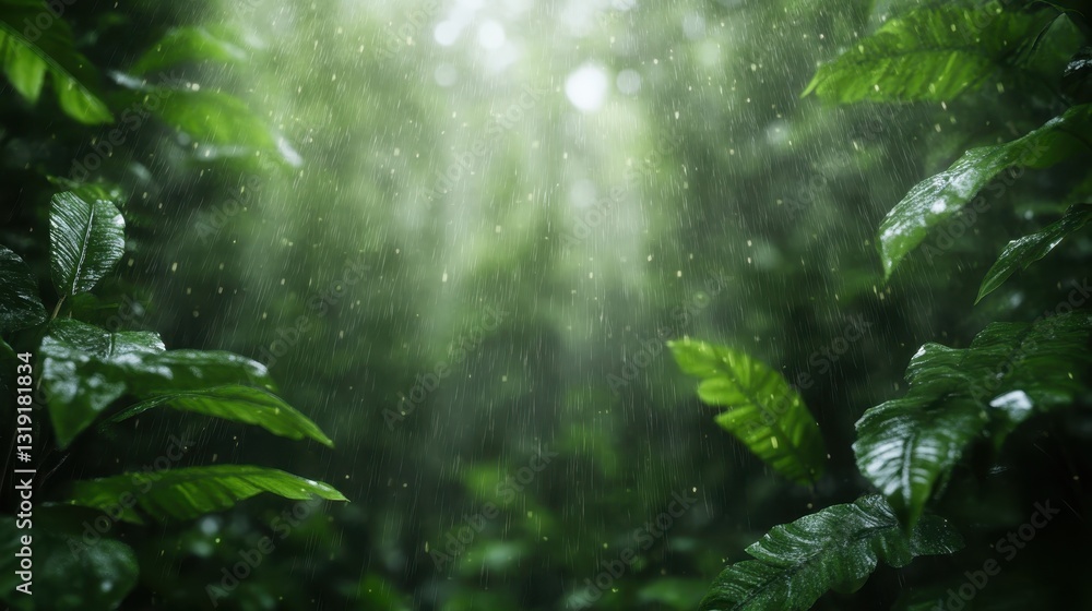 An enchanting capture of raindrops gently falling among lush green leaves in a dense forest, embodying the beauty and tranquility that nature offers during rainfall. An enchanting capture of raindrops gently falling among lush green leaves in a dense forest, embodying the beauty and tranquility that nature offers during rainfall.