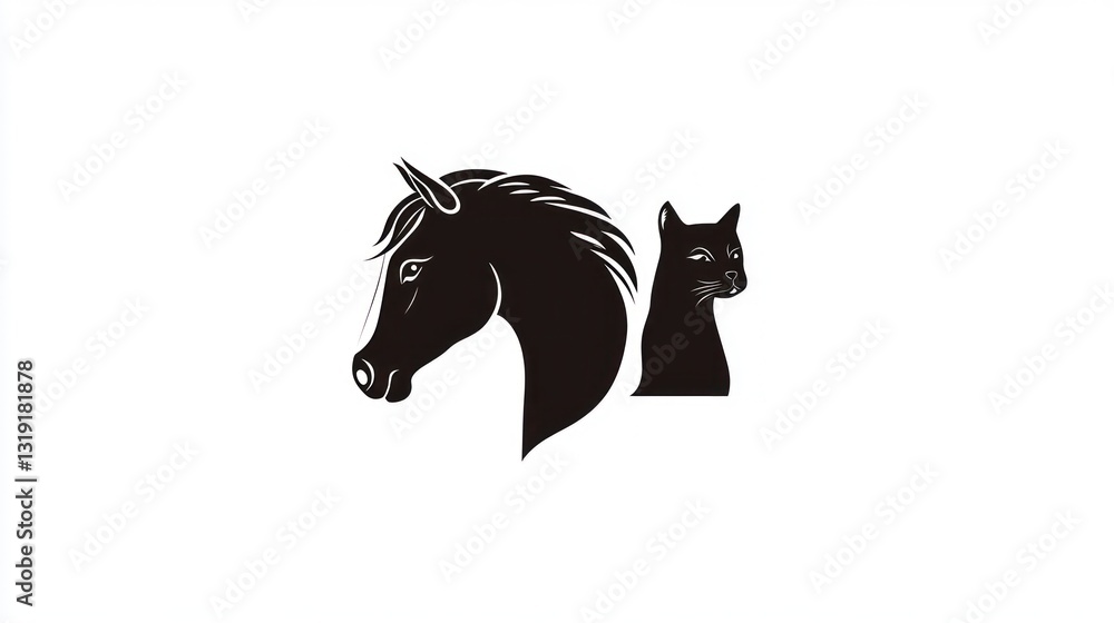 Fototapeta premium Silhouette of horse and cat facing opposite directions on white, minimal illustration
