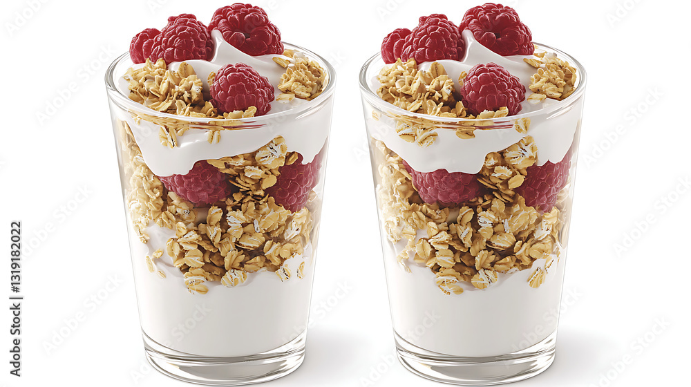 Two glasses of yogurt with raspberries and granola Two glasses of yogurt with raspberries and granola