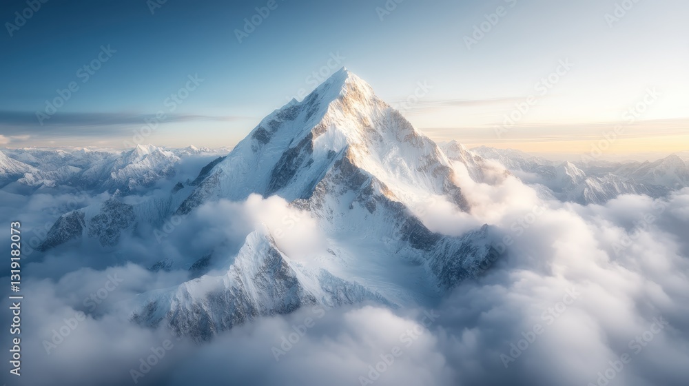 A breathtaking view of towering mountain peaks emerging from swirling clouds, illuminated by the soft light of the sunrise, portraying nature's grandeur and tranquility. A breathtaking view of towering mountain peaks emerging from swirling clouds, illuminated by the soft light of the sunrise, portraying nature's grandeur and tranquility.