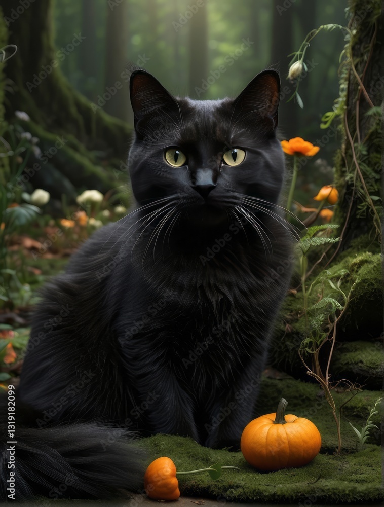 mystical cat in the forest with pumpkin for halloween mystical cat in the forest with pumpkin for halloween