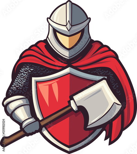 Knight in shining armor holding a battle axe and shield with red cape cartoon isolated on transparent background. Vector illustration.