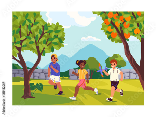 Children playing in garden. Boys and girl playing outdoors. Friends spending time together. Active hobby and leisure on nature. Games at backyard. Flat vector illustration