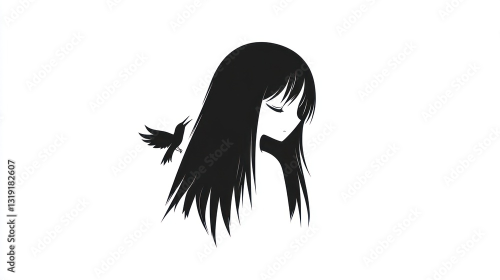 Obraz premium Sad anime girl with birds, profile view, stock photo
