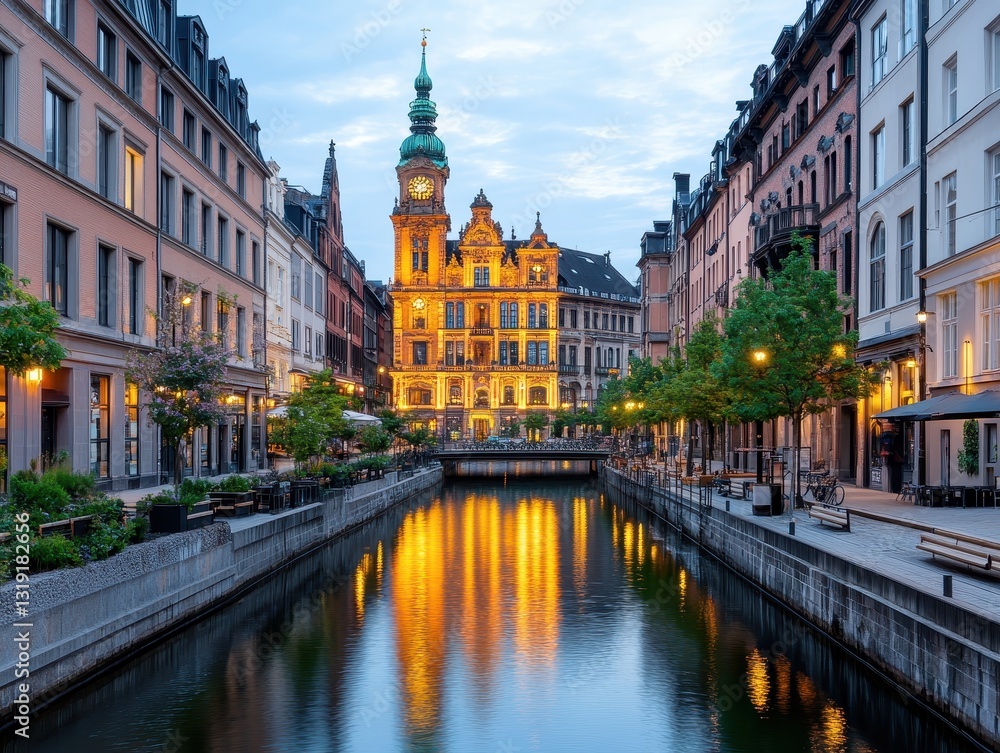 Fototapeta premium Scenic view of historic buildings along a serene canal at dusk with reflections