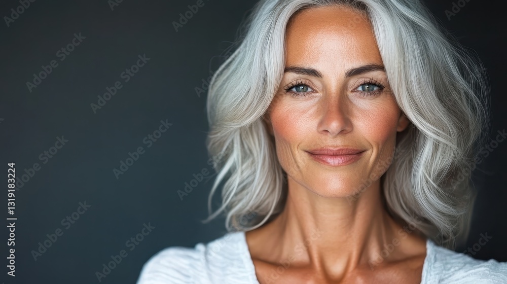 A radiant woman with flowing silver hair and a warm smile poses confidently, showcasing her striking features and captivating personality, embodying timeless beauty and grace. A radiant woman with flowing silver hair and a warm smile poses confidently, showcasing her striking features and captivating personality, embodying timeless beauty and grace.