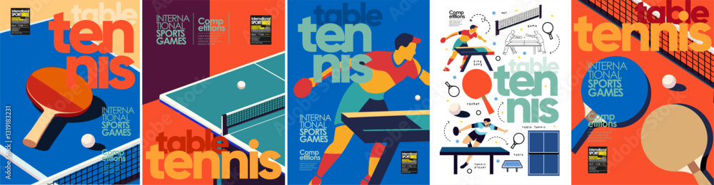 Fototapeta premium Ping pong and table tennis. Vector illustration for the game. Abstract illustrations of ping pong, with rackets, tables and athletes. Ideal for sports events, competitions, poster, background