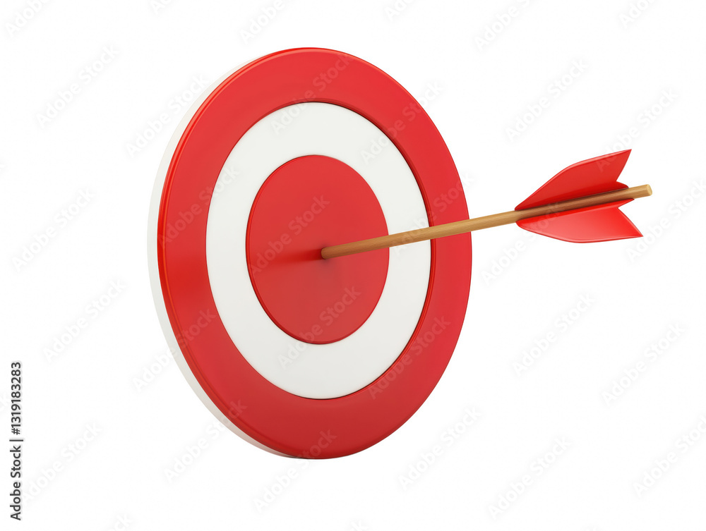 Close-up view of a 3d arrow piercing the bullseye of a red representing success and achievement in focus Close-up view of a 3d arrow piercing the bullseye of a red representing success and achievement in focus