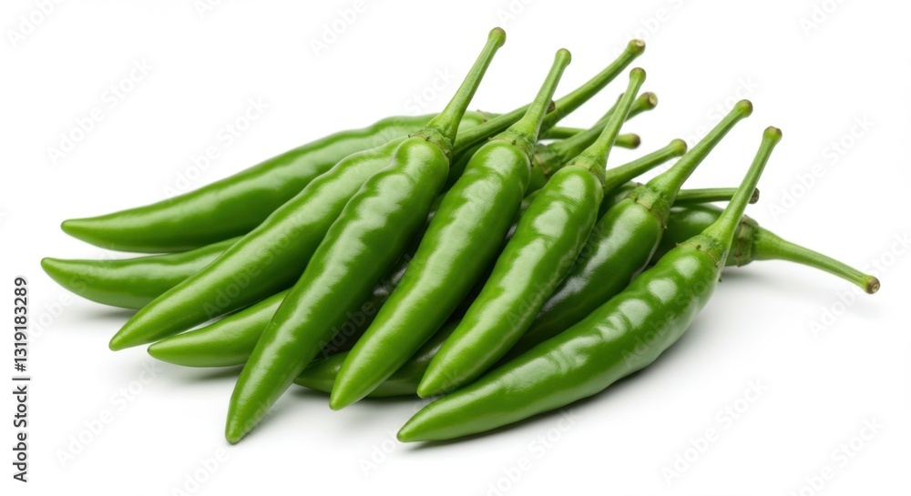 Fresh Green Chilies with Stems on White Background Fresh Green Chilies with Stems on White Background