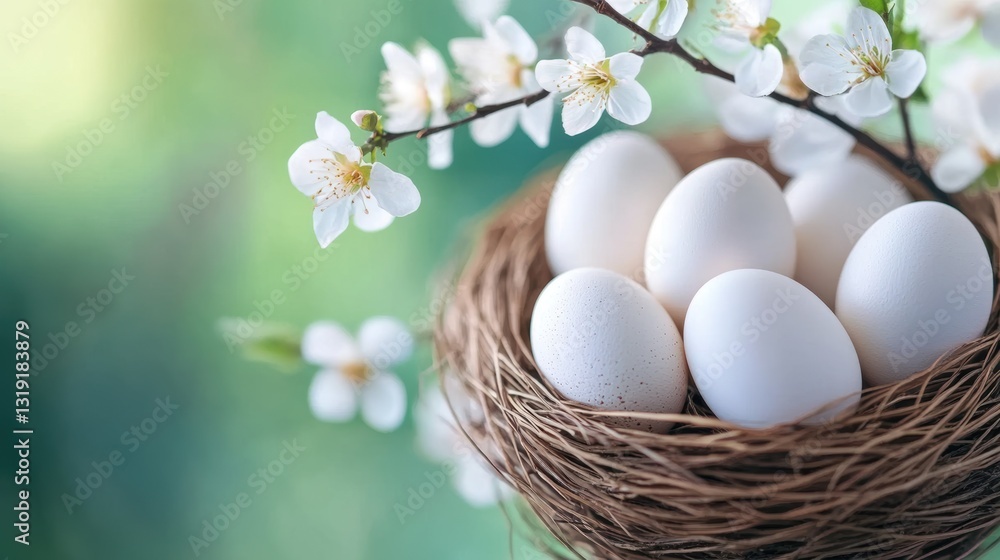 A beautiful nest containing several white eggs, surrounded by delicate blossoms, creates a serene spring atmosphere, Perfect for themes of new beginnings, nature, or Easter celebrations, A beautiful nest containing several white eggs, surrounded by delicate blossoms, creates a serene spring atmosphere, Perfect for themes of new beginnings, nature, or Easter celebrations,