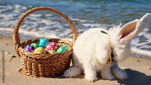 White rabbit with sunglasses and basket of colorful eggs on sandy beach. Easter fun