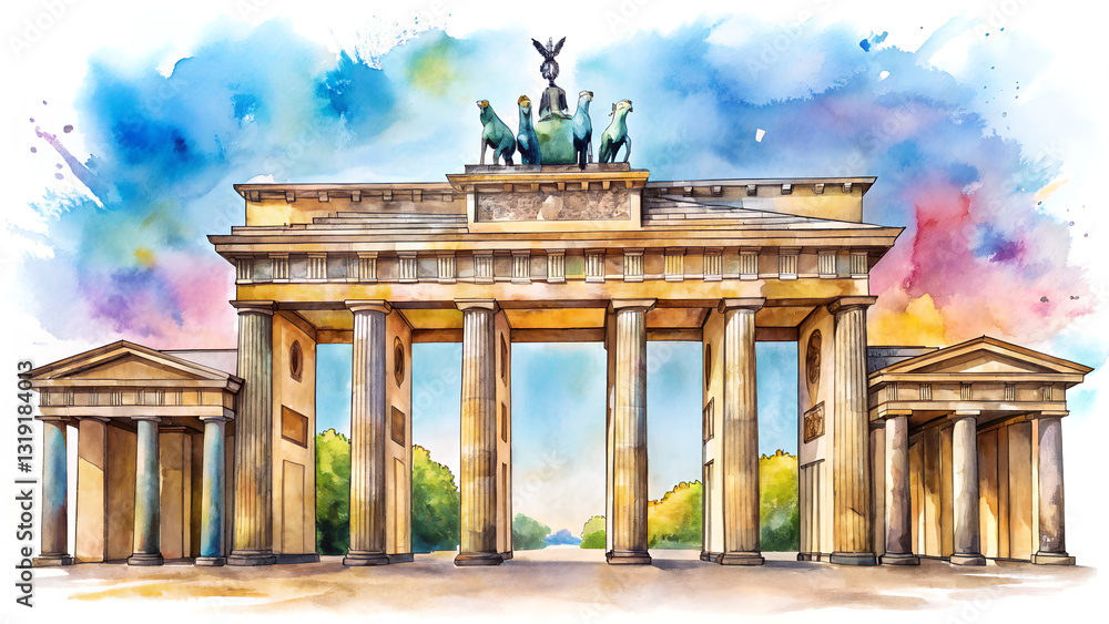 Obraz premium Elegant hand-drawn watercolor illustration of St. Brandenburg Gate landscape painting, artistic landmark artwork, Berlin Germany monument, soft pastel hues, on white background, timeless travel art