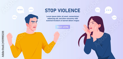 Violence in family banner. Man scream at woman. Negative feelings and emotions. Stop gender and sex discrimination, domestic abuse. Landing page design. Flat vector illustration