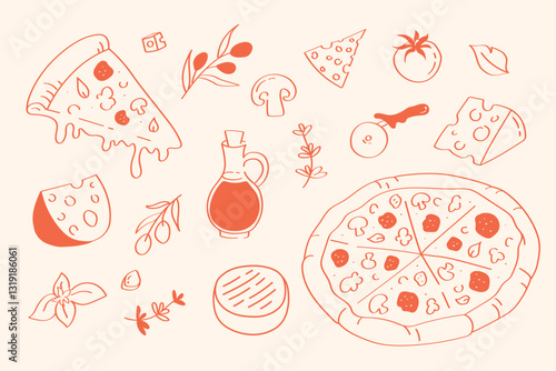 Hand drawn elements on pizza theme slices, cheese, mushrooms, olive oil and herbs. Doodle style illustration