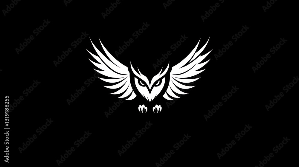 Obraz premium Owl silhouette, wings spread, black background. Design element