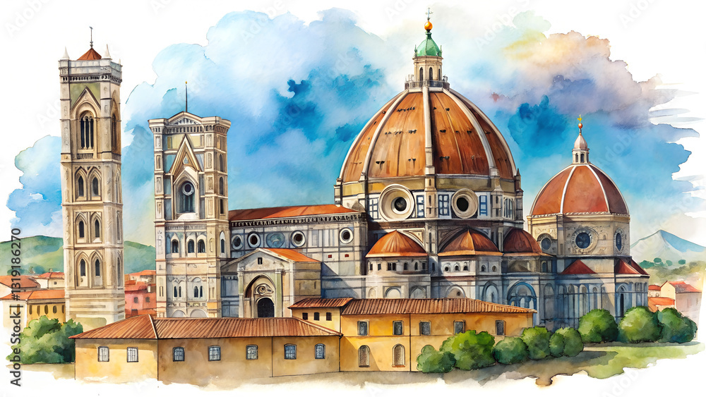 Fototapeta premium Elegant hand-drawn watercolor illustration of Florence Cathedral landscape painting, featuring intricate architectural details and soft artistic hues, isolated on a white background.