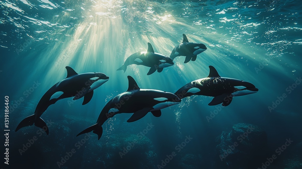 Obraz premium Orcas Swimming Gracefully Underwater in the Ocean