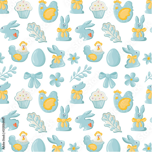 Happy Easter pattern of lovely blue elements from eggs, bunnies, chickens, flowers, twigs, cakes and bows. Vector Easter holiday seamless background for designing a card and invitation to a holiday.