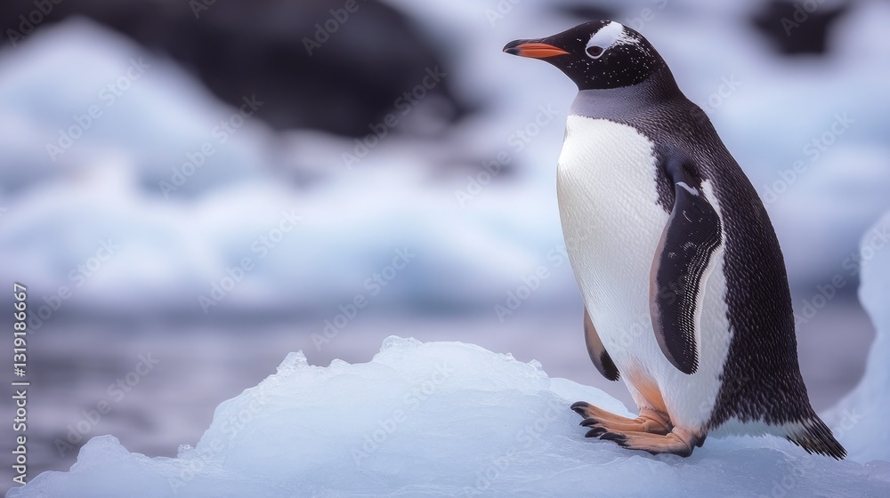 Naklejka premium Penguin standing on iceberg. Antarctica tourism, nature and wildlife.