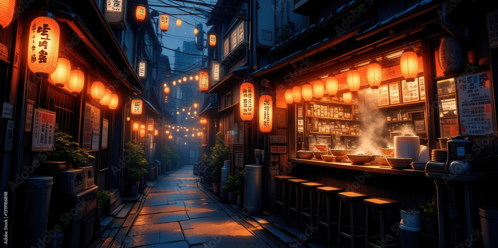 Obraz premium anime wallpaper illustration background, Atmospheric Japanese Alley with Lanterns and a Cozy Street Food Stall at Night..