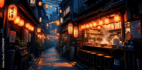 anime wallpaper illustration background, Atmospheric Japanese Alley with Lanterns and a Cozy Street Food Stall at Night..