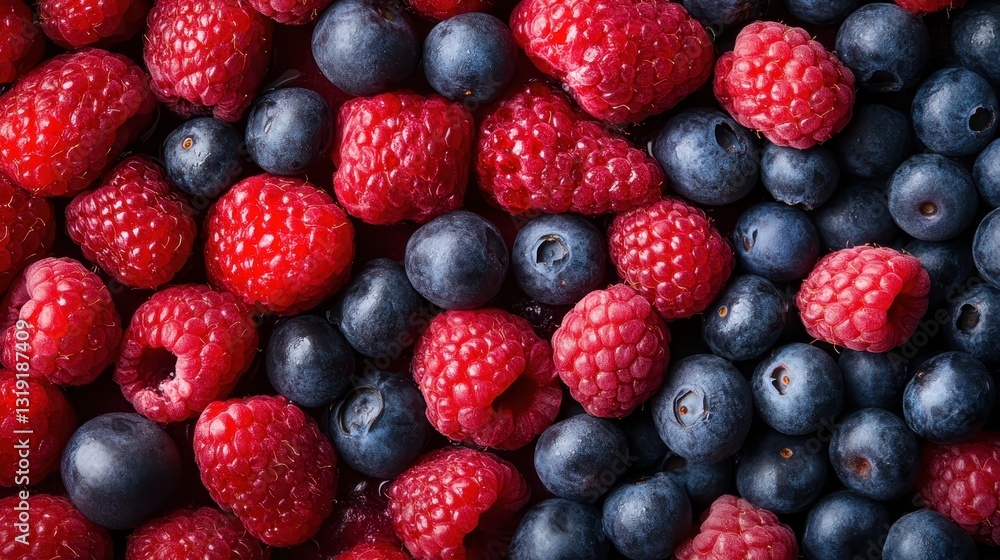 A vibrant close-up image of fresh red raspberries and blue blueberries showcases their natural textures and colors, evoking feelings of freshness and healthiness. A vibrant close-up image of fresh red raspberries and blue blueberries showcases their natural textures and colors, evoking feelings of freshness and healthiness.