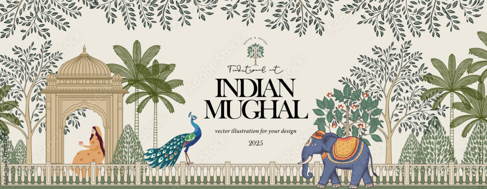 custom made wallpaper toronto digitalMughal Pichwai Garden. Vector traditional illustration of temple, pillar arch, tropical plant, peacock, elephant, tree, palm, indian woman for greeting card, banner, poster or background.