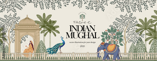 Mughal Pichwai Garden. Vector traditional illustration of temple, pillar arch, tropical plant, peacock, elephant, tree, palm, indian woman for greeting card, banner, poster or background.