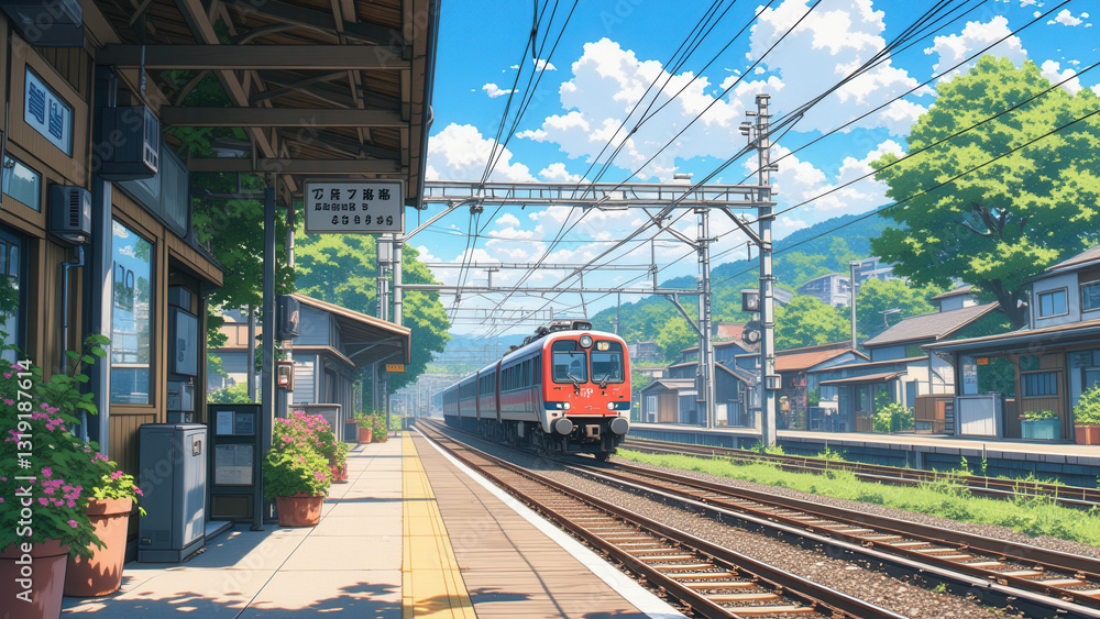 Obraz premium anime wallpaper illustration background, Charming Rural Train Station with a Vintage Train on a Sunny Day.